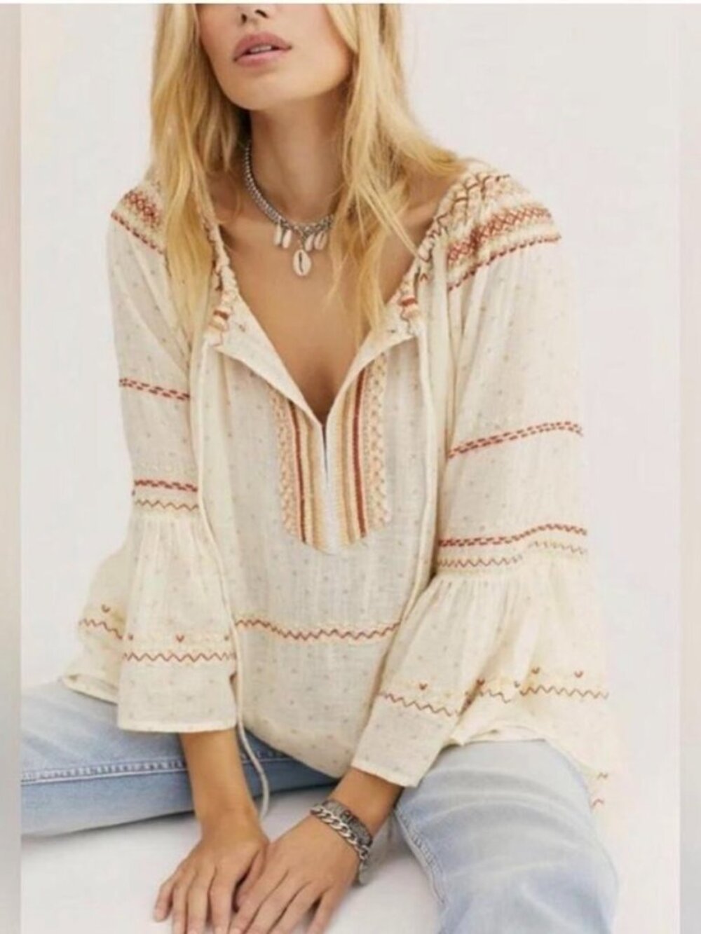 Free People Talia Embroidered Boho Blouse- Cream